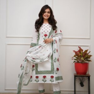 Foil Print Elegance – Cotton Suit Set with Zari Motif Handwork