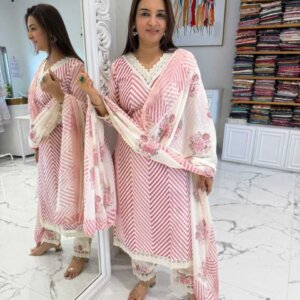 Lehariya Cotton Suit With Malmal Dupatta