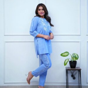 Solid Cotton Embroidered Co-ord Set