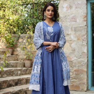 Flaired Cotton Embroidered Kurta Dupatta Set