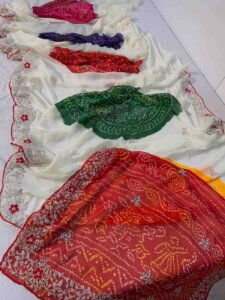 Premium Chinon Moss Bandhani Print Saree with Pita Work & Raw Silk Blouse | New Exclusive Arrival