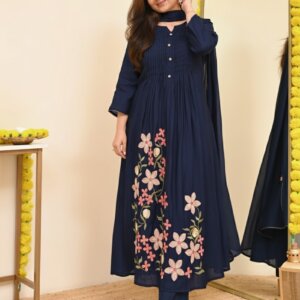 Pure Cotton A-Line Embroidered Suit Set with Pintuck Work, Pant & Dupatta