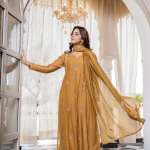 Premium Mul Chanderi Anarkali Kurti Pant & Dupatta Set with Full Embroidery