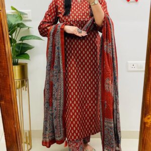 Elegant Cotton 60×60 A-Line Kurti Palazzo & Dupatta Set with Heavy Embroidery