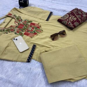 Elegant Cotton 60×60 A-Line Kurti Pant & Dupatta Set with Heavy Embroidery