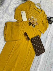 Elegant Cotton 60×60 A-Line Kurti Palazzo & Dupatta Set with Heavy Embroidery