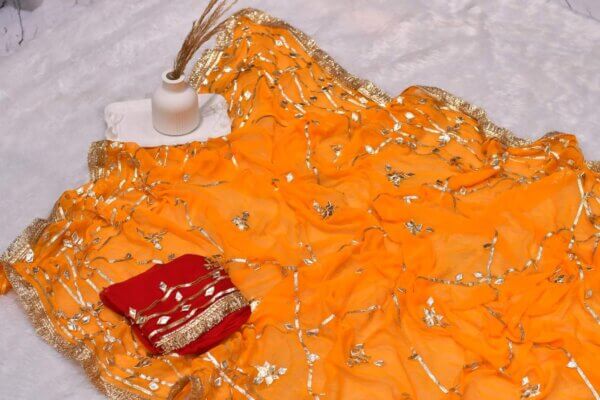 Pure Chiffon Saree with Heavy Gotapatti Work and Contrast Blouse