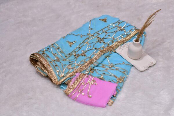 Pure Chiffon Saree with Heavy Gotapatti Work and Contrast Blouse