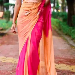 Designer Pure Chiffon Two-Tone Saree with Pearl & Thread Work